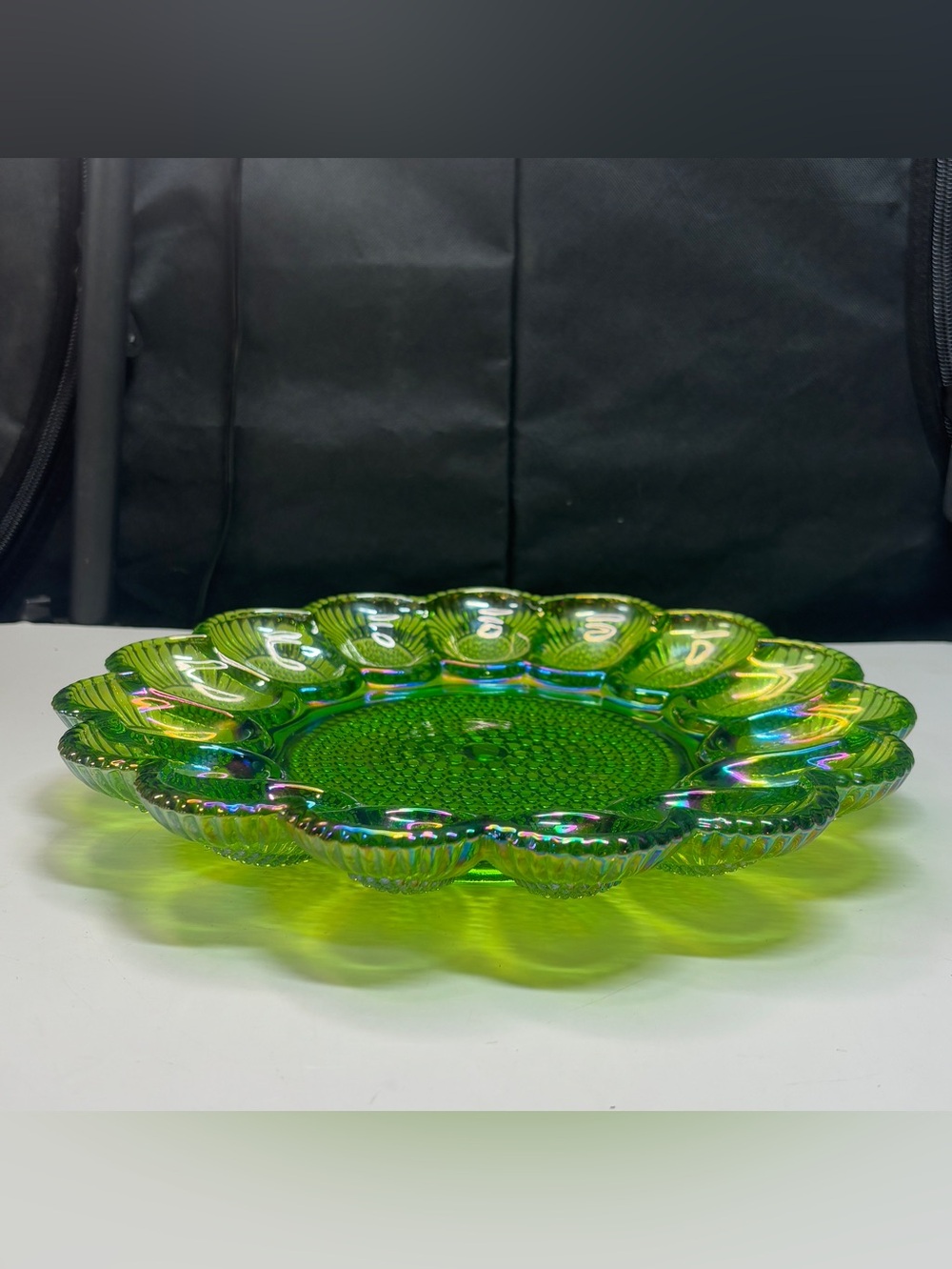 Indiana Glass Iridescent Green Carnival Hobnail Thousand Eye Egg Plate - Picture 9 of 12